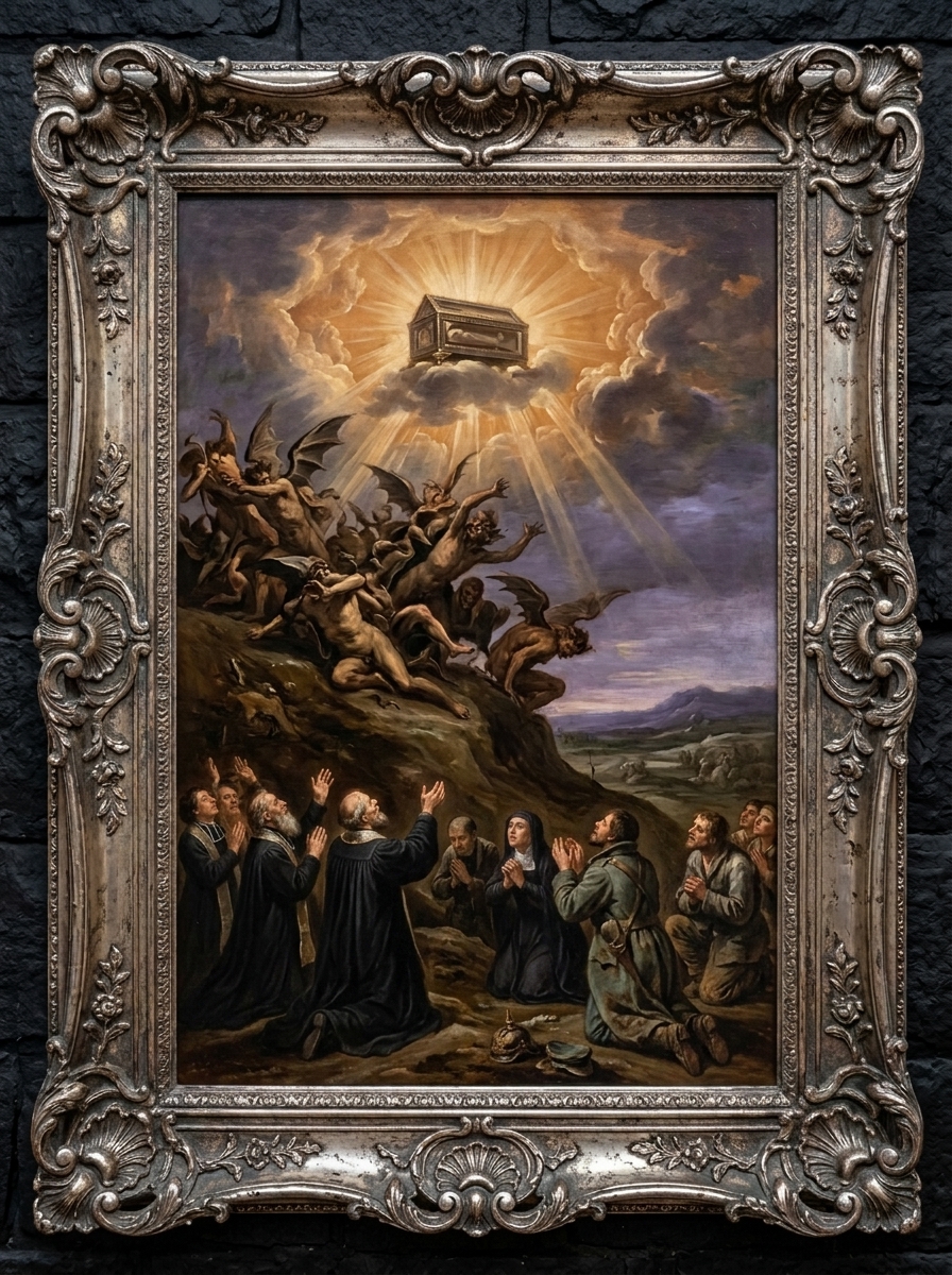 Baroque altarpiece of Saint Isidore's reliquary in a radiant sunburst above a muddy ridge, demonic Wrath-legions recoiling below, ragged priests kneeling in the foreground.