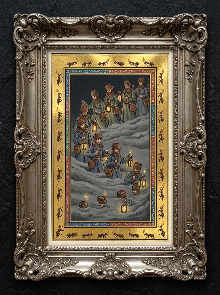 Illuminated reliquary plate depicting a descending spiral of pilgrims in Carpathian greatcoats sinking beneath grey ash, their lanterns still alight beneath the surface, bordered by gilded ants carrying small flames.
