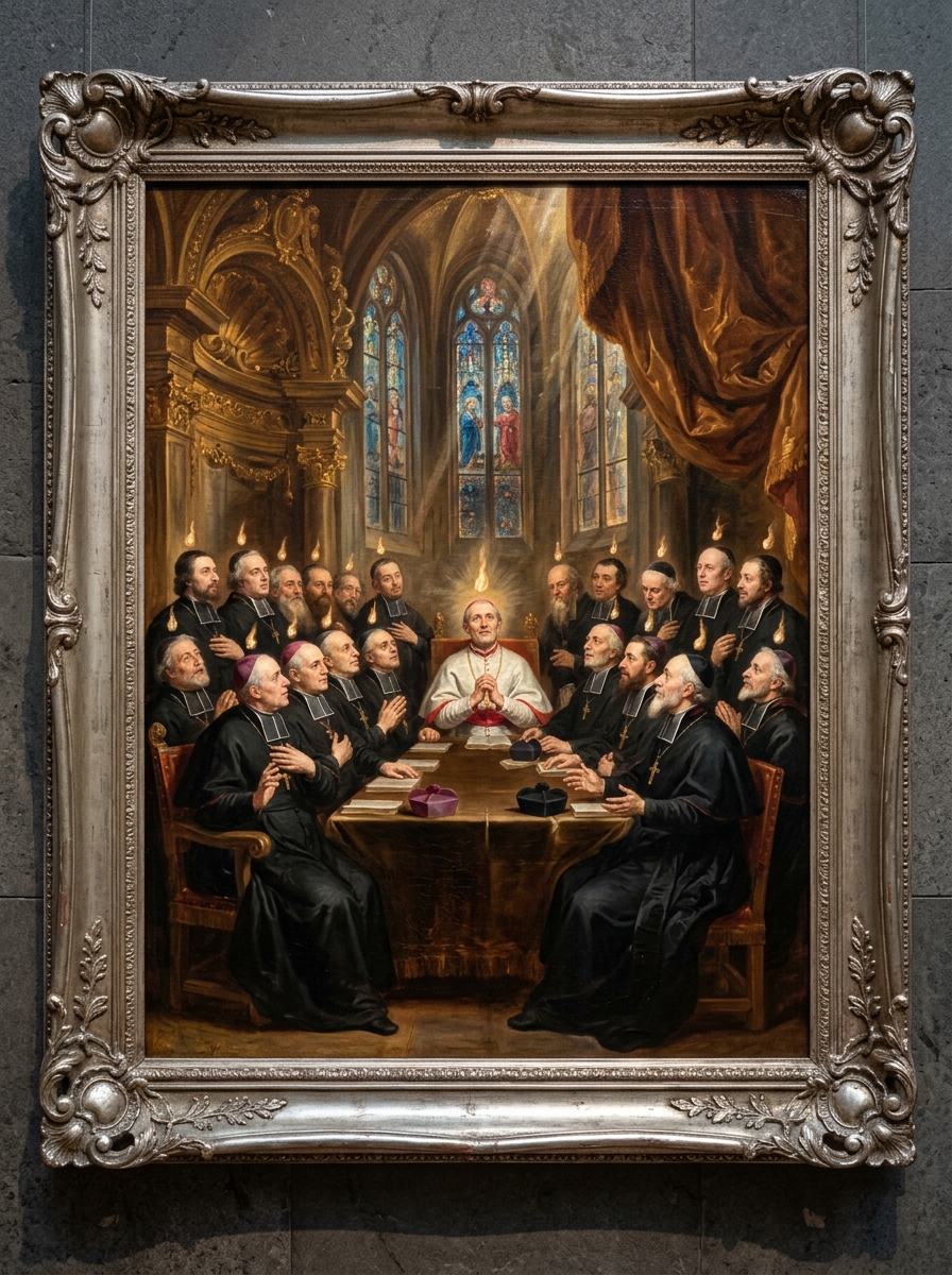 Baroque altarpiece of nineteen Victorian-era bishops in black cassocks seated around a long council table, flame-tongues hovering above each head, with a single brighter flame crowning an older Hierarch in white cassock at the table's head.