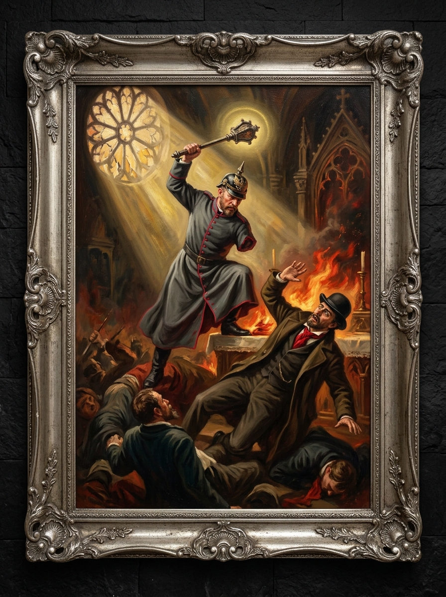 Oil painting of a one-armed bishop in pickelhaube helmet and iron-grey cassock swinging a reliquary-mace down onto a collapsing sorcerer in Rationalist greatcoat; the altar-cloth is on fire; a shaft of light halos the mace alone.