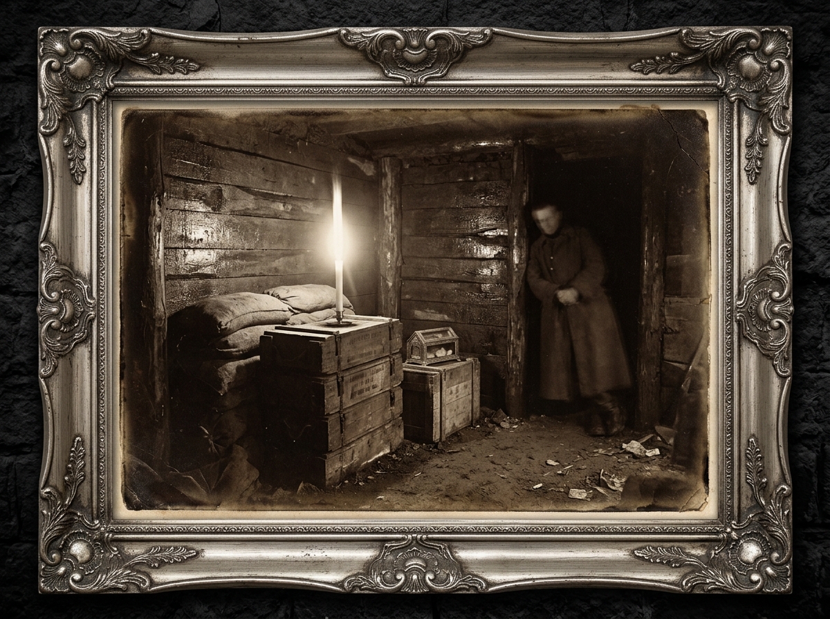 Sepia heliograph of a trench-parish chapel: a single candle on an ammunition-crate altar, flame blurred into a vertical blaze by long exposure; a priest in WWI clerical greatcoat leans motionless against the damp far wall.