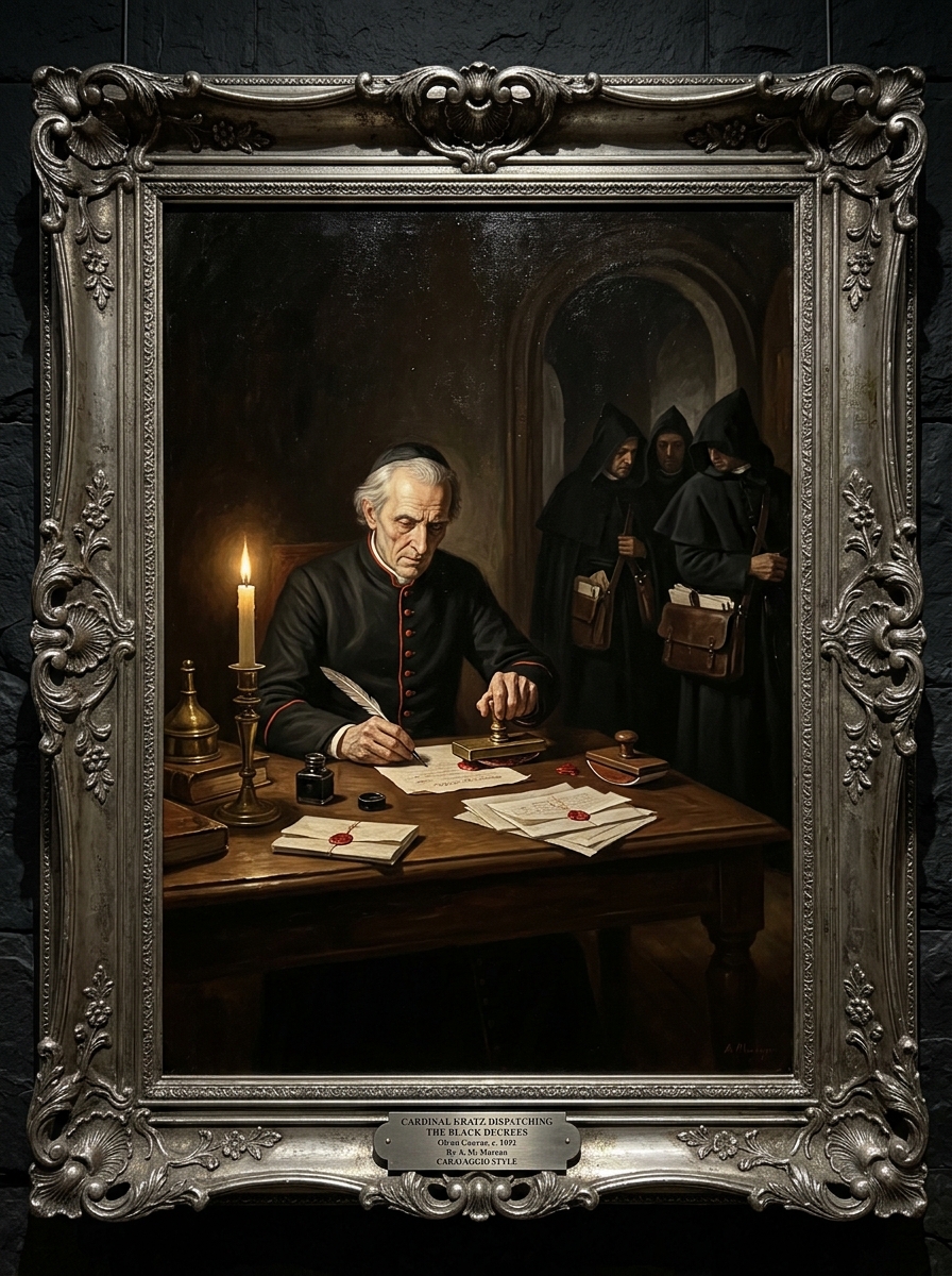 Chiaroscuro oil of an elderly cardinal in Victorian black cassock with scarlet piping at an oak desk by candlelight, sealing wax with one hand while three black-cowled clerks depart through arched doors with satchels; sealed documents drying.