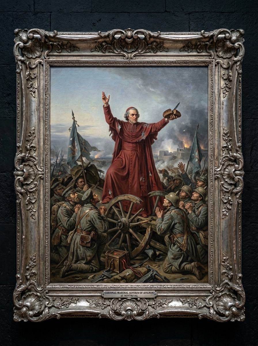 Neoclassical oil of a ragged cardinal atop a broken wagon mid-sermon, extending a single black loaf halved with a blade, a starving garrison looking up in grey dawn light.