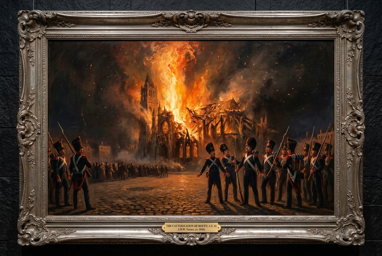Turner-fire oil of Rouen Cathedral collapsing: the nave roof falls inward as a vertical column of orange flame against a night sky; Rationalist Guards in 1840s-republican uniform stand bewildered, their arson turned upon itself.