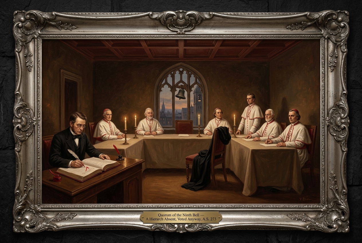 Candlelit oil of a long chamber: six Hierarchs in white cassocks at a U-shaped table, one chair empty with a folded cassock; a clerk scratches a red check into the bound minutes; the Ninth Bell visible through a gothic window.