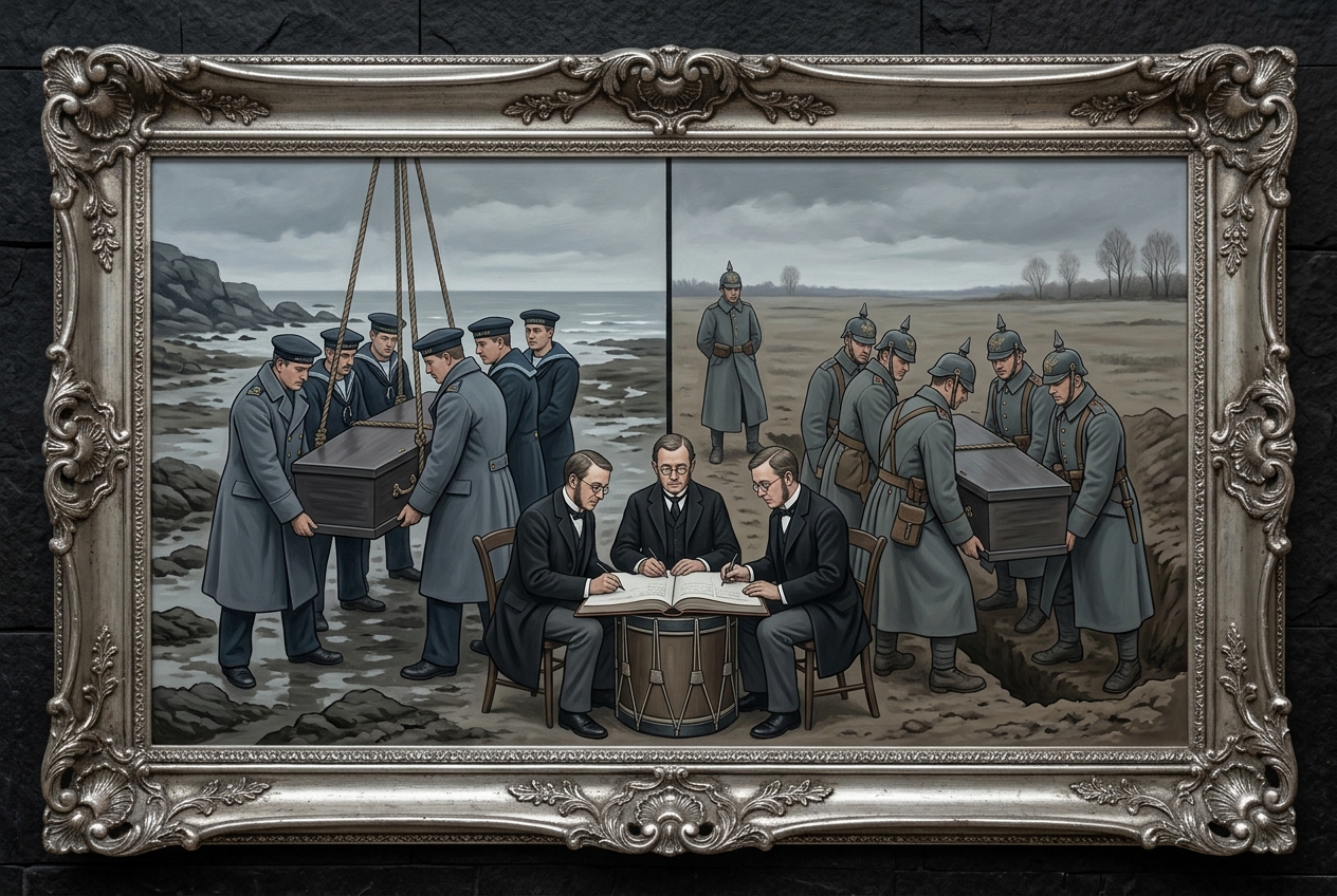 Diptych oil on one canvas: left, a coffin-half lowered into a coastal trench by sailors in Victorian naval greatcoats; right, the other half into an inland trench by WWI greatcoats; a tribunal of three clerks inks the verdict between.