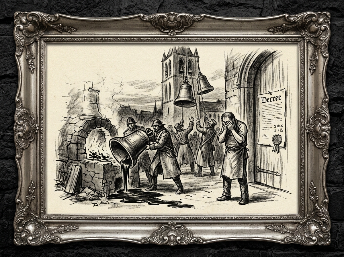 Charcoal sketch of Rationalist soldiers lowering bronze bells from a cathedral belfry, a forge-furnace below receiving a bell into molten bronze, a bellfounder weeping, a decree nailed to the church door.