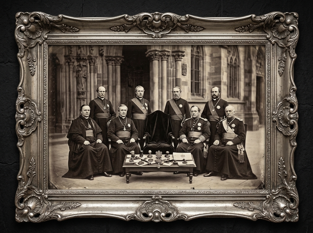 Full-plate albumen sepia photograph of nine figures in black clerical and military robes seated in two rows before the Counting House; one chair empty and draped in black; a table of wax seals arranged like regimental colors.