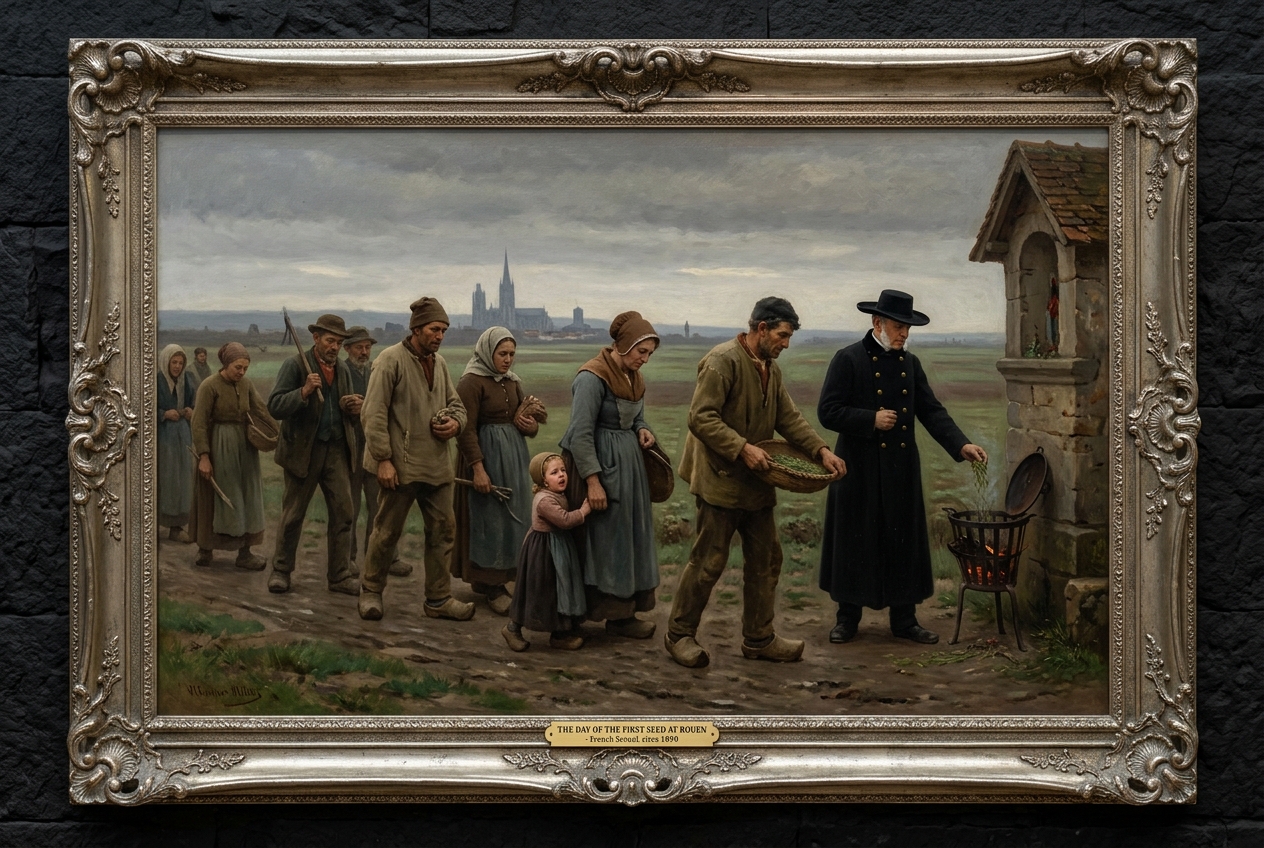 Oil painting of a row of Norman farmers in mud-grey woolen smocks and bonnets filing toward a wayside shrine where a Warden in long black greatcoat tips their first grain-shoots into an iron brazier; a child clutches her mother's skirt.