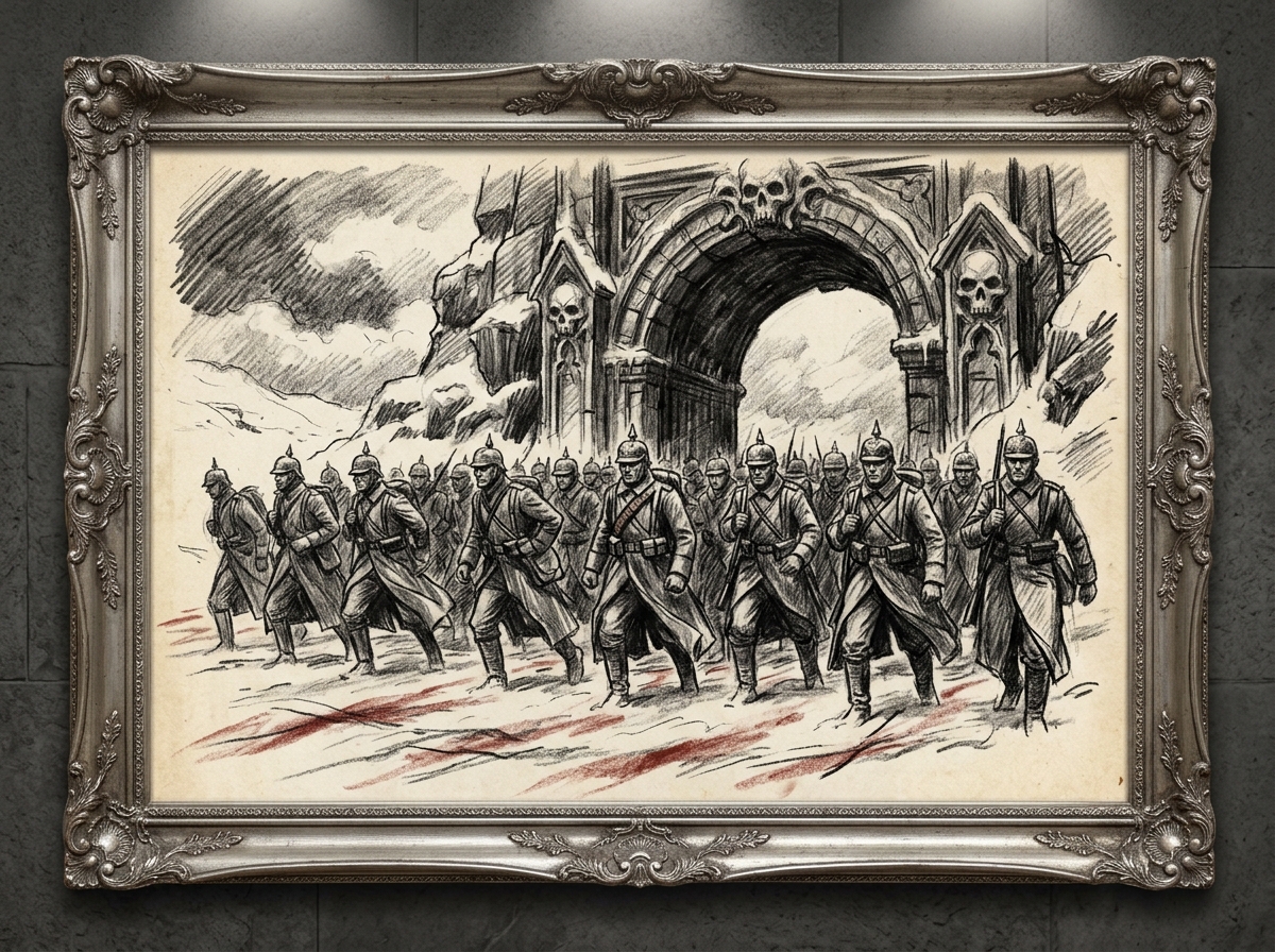 Charcoal field sketch on cream paper of thirty Carpathian soldiers in WWI greatcoats and spiked helmets, frozen upright as if mid-stride under a stone arch carved with skulls; streaks of red-chalk stained-blizzard snow run across the foreground.