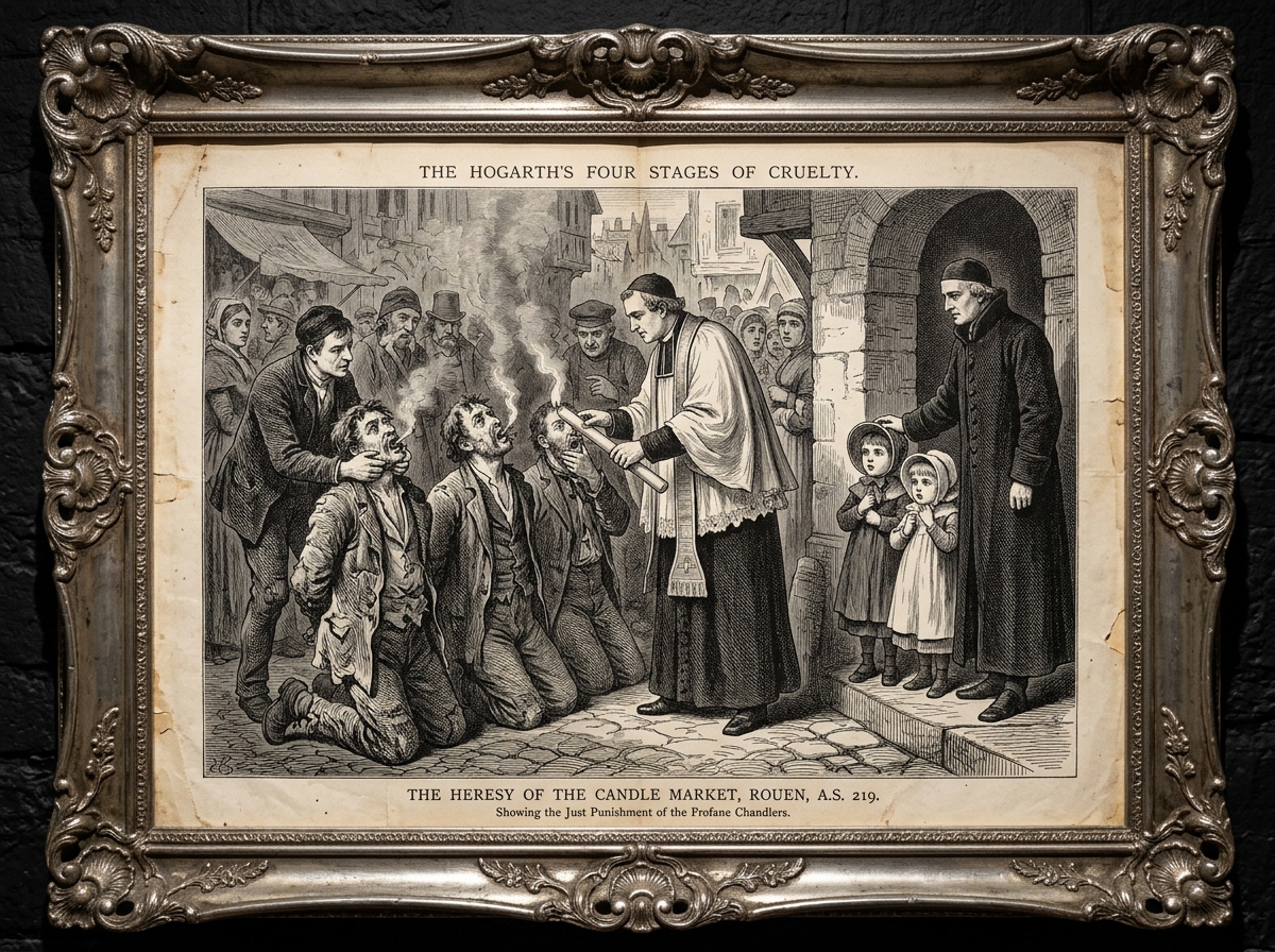 Engraved plate of a smoky market plaza: condemned chandlers kneel in a row, heads tipped back; Bureau officials in white mantles press lit candles into their open throats; children in Sunday bonnets watch from an adjacent doorway.