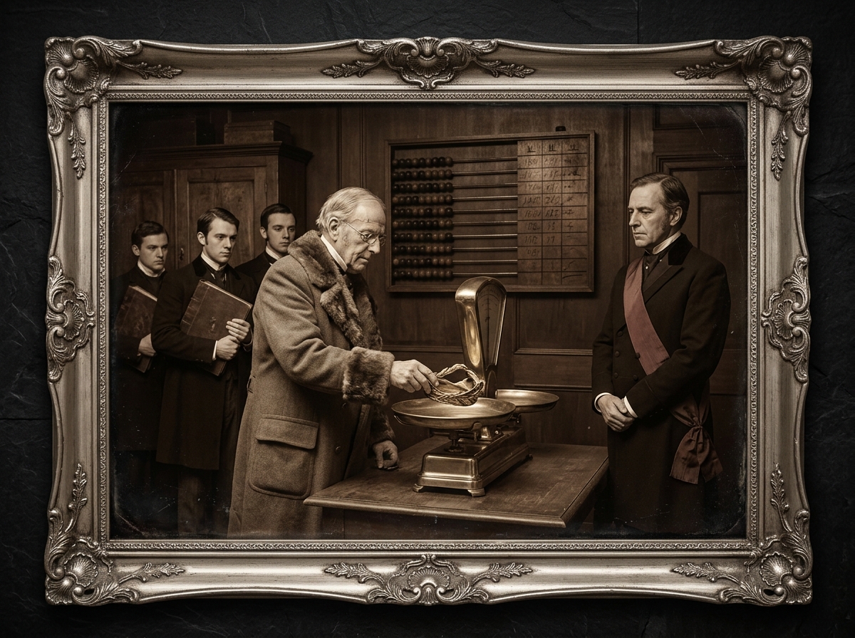 Sepia albumen photograph of an elderly man in a fur-collared Victorian coat laying a gold coronet onto brass Bureau scales; a Procurator in crimson sash observes; three clerks hold ledgers behind in the Palatine Counting House.