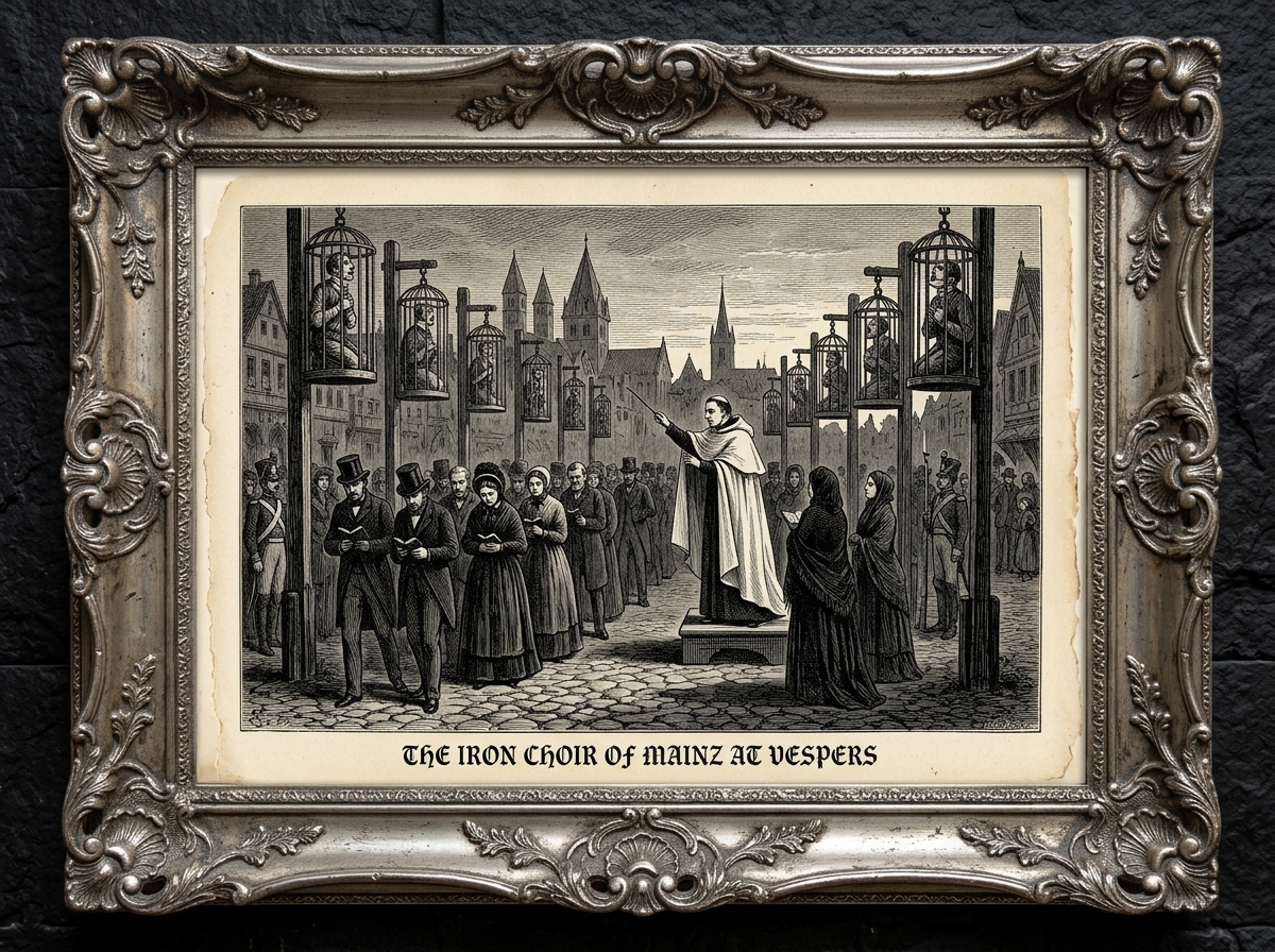 Engraved broadsheet of an avenue lined with iron cages on tall poles, each cage holding a heretic with bandaged throat and forced-open mouth; Victorian-dressed pilgrims pass beneath; an Inquisitor in white mantle conducts with a baton.