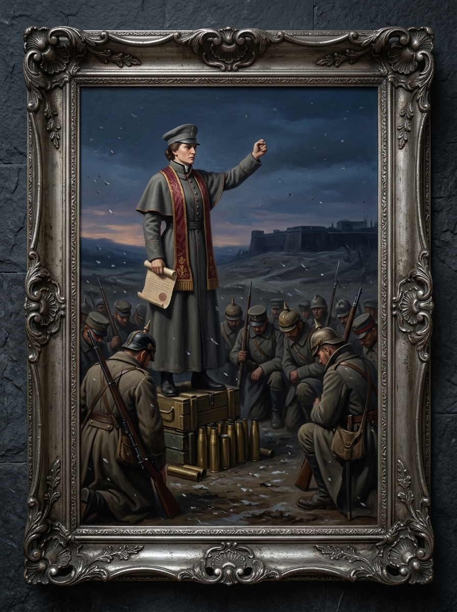 Neoclassical oil of a woman in iron-grey cassock and crimson stole atop a stack of brass shell-casings at dusk, one hand raised mid-sermon; conscripts in WWI greatcoats kneel below; the first course of a great wall visible in the distance.