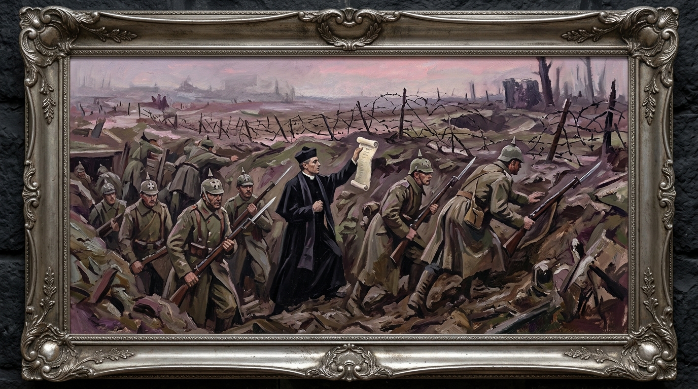 Oil painting of a regiment of Bastion Guard climbing from a waist-deep mud trench at dawn, bayonets interlocked, a Warden-chaplain lifting a stamped muster-roll overhead, field-grey greatcoats caked in mud.