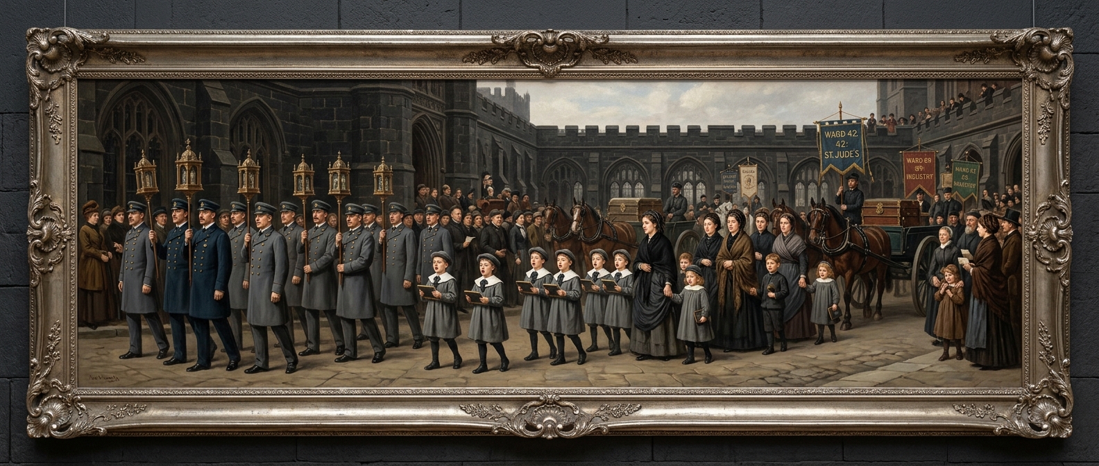 Panoramic oil of a file of Victorian ward-stewards carrying ledger-reliquaries, children in parish-school smocks chanting sums, mothers with braided ledger-cords in their hair; the Cloister of Concord looms above.