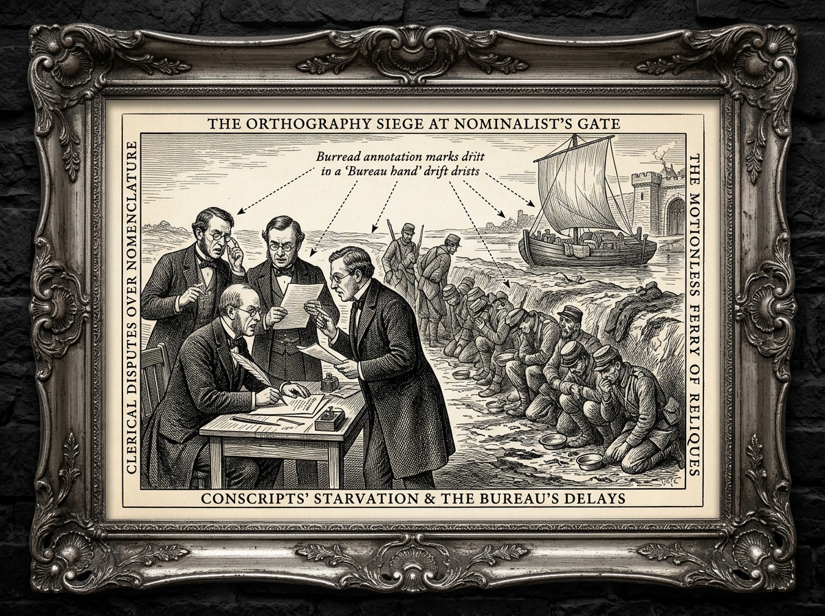 Engraved plate showing three clerks at a field desk arguing over the spelling of a colonel's name, a starving regiment kneeling behind, and a loaded reliquary supply ferry sitting idle in the background.