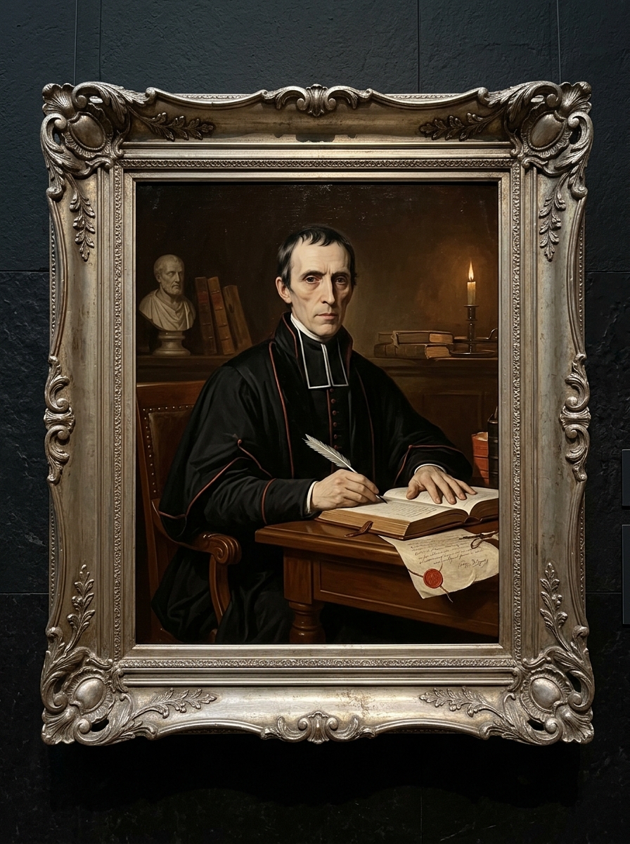 A formal three-quarter oil portrait of a gaunt pale hieromnemon in black clerical robes and oxblood piping, seated at a massive oak desk with an open leatherbound ledger, one hand flat on the page, the other raised aloft holding a quill mid-stroke.