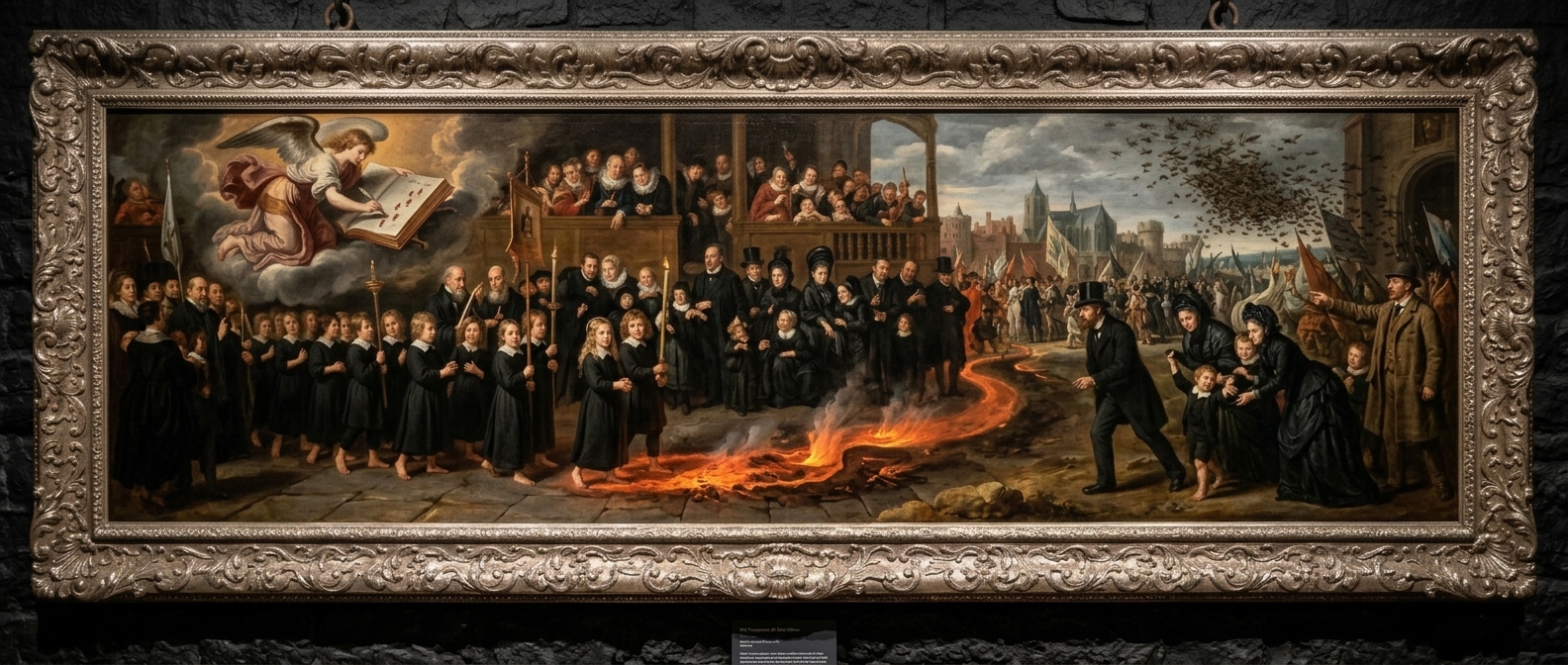 Processional-banner oil of barefoot children walking across glowing heated iron, smiling parents in raised galleries, locusts dispersing above, a kneeling angel at the far left recording footprints.