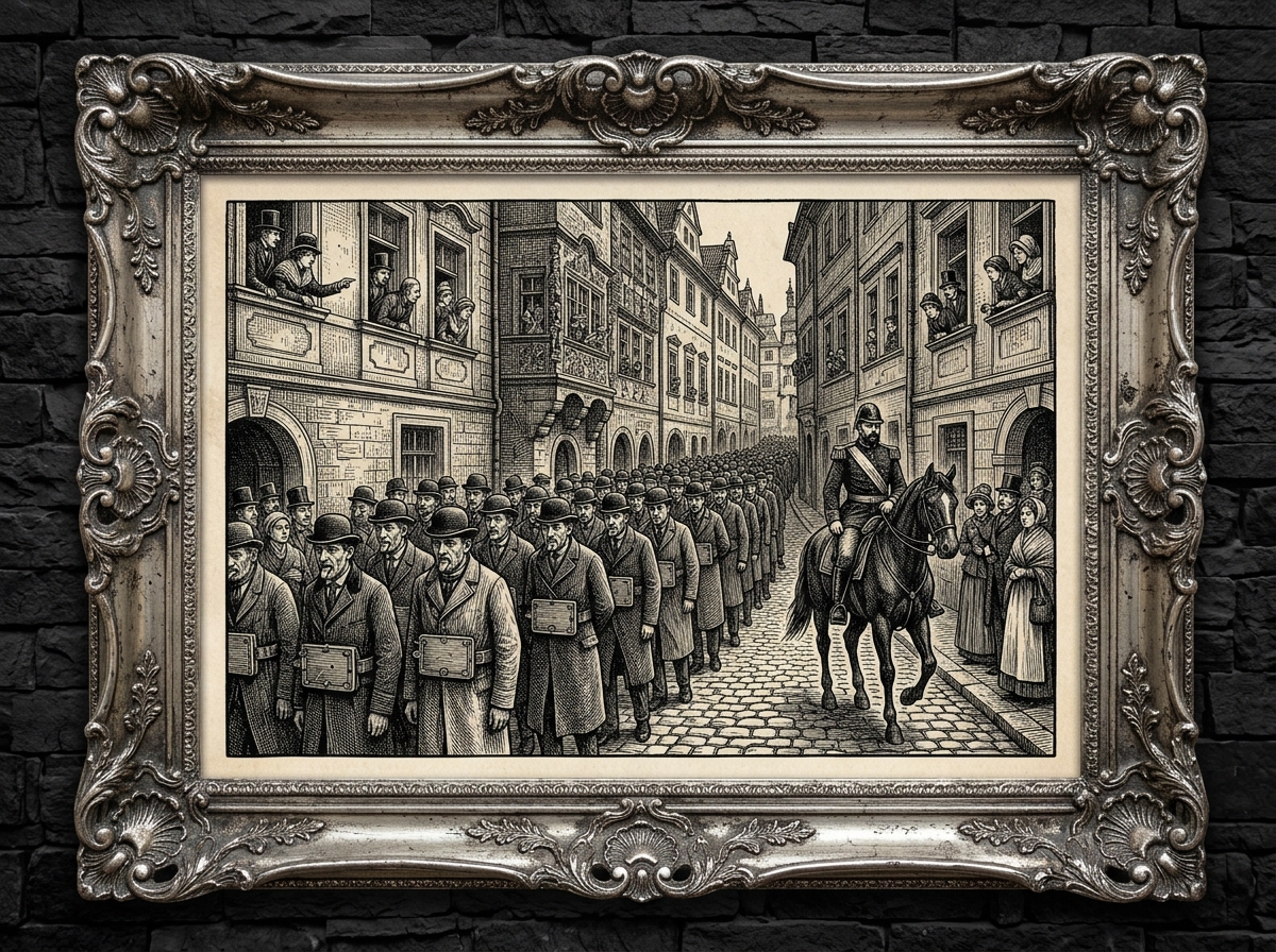 Dense engraving of two hundred heretics in Rationalist greatcoats shuffling down a cobbled Prague avenue, each with tongue nailed to a hinged iron tablet of doctrine; crowds lean from windows; an Ordinary of Severity leads on horseback.