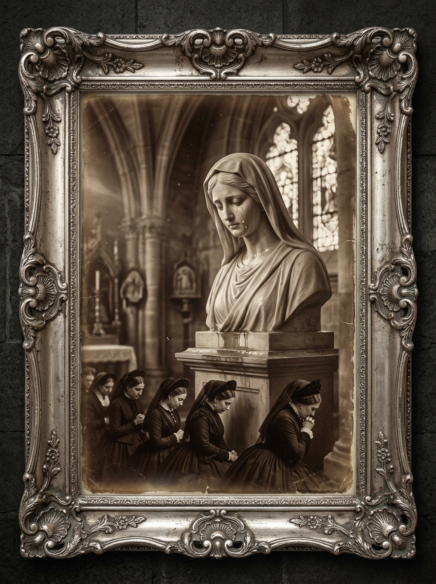 Sepia albumen photograph of a marble statue of a veiled saint in a dim side-chapel, visible tears streaking the cheeks and pooling wetly on the plinth, with a line of women in late-Victorian mourning dress kneeling in soft focus.