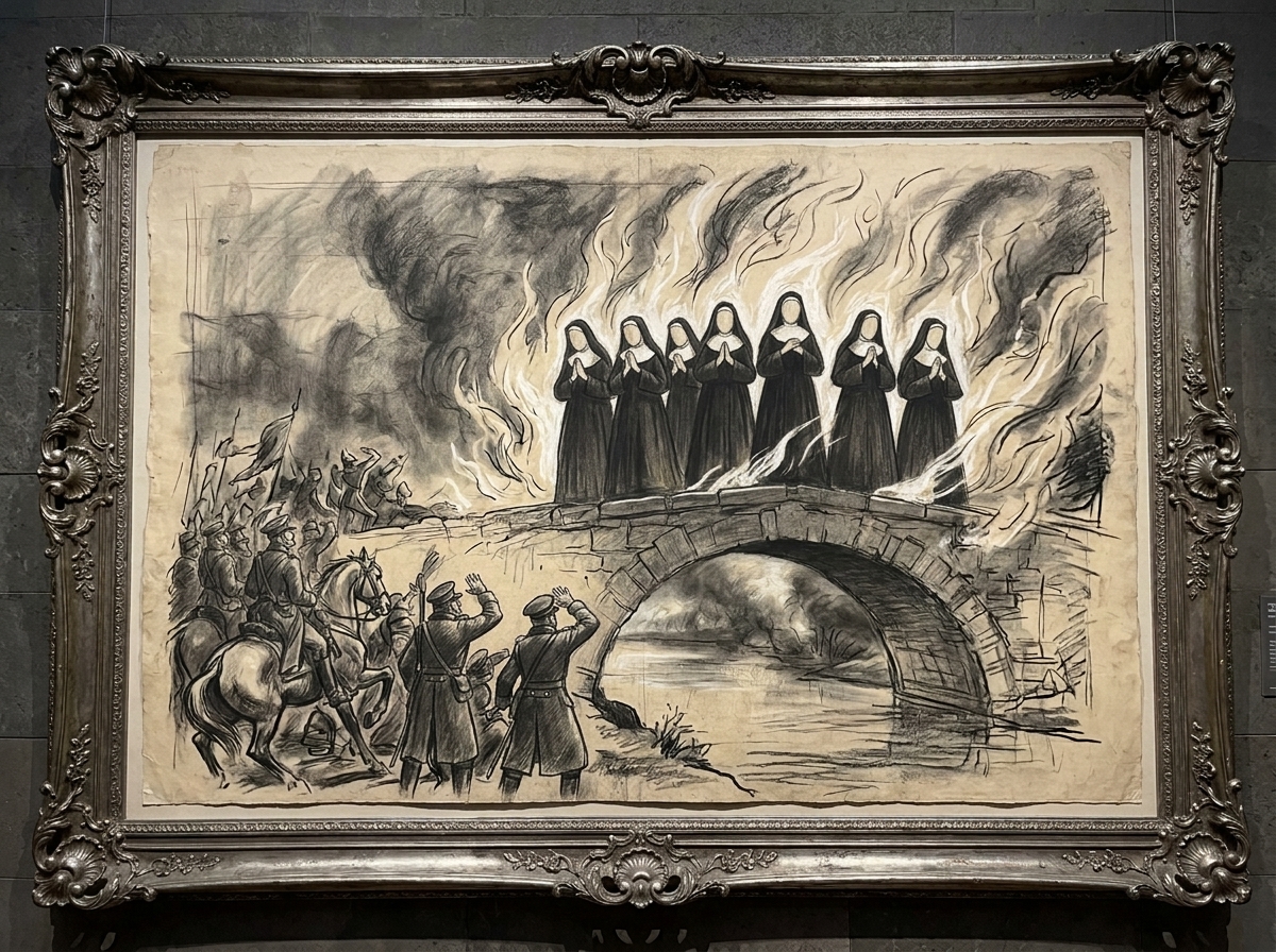 Monumental unfinished charcoal cartoon of seven veiled sisters in ash-grey robes across a stone bridge, engulfed in abstract flame-swirls; faces undrawn; an atheist army halted at the near bank.