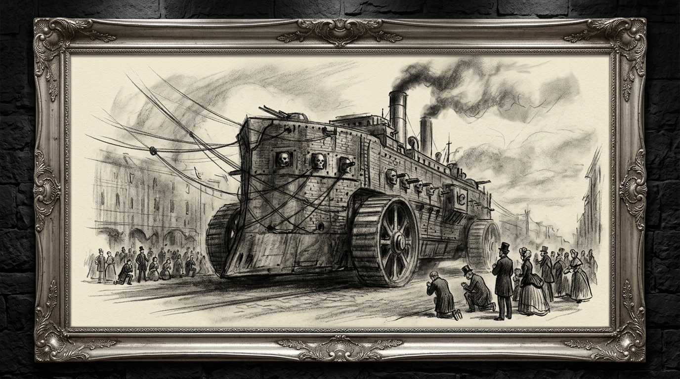 Atmospheric charcoal of a colossal land-fortress of ossuary brick rolling down a grand avenue on iron wheels three storeys tall; sides pierced with bronze vox-skull gun-ports; chimneys trail smoke; Victorian pilgrims kneel dwarfed beneath.