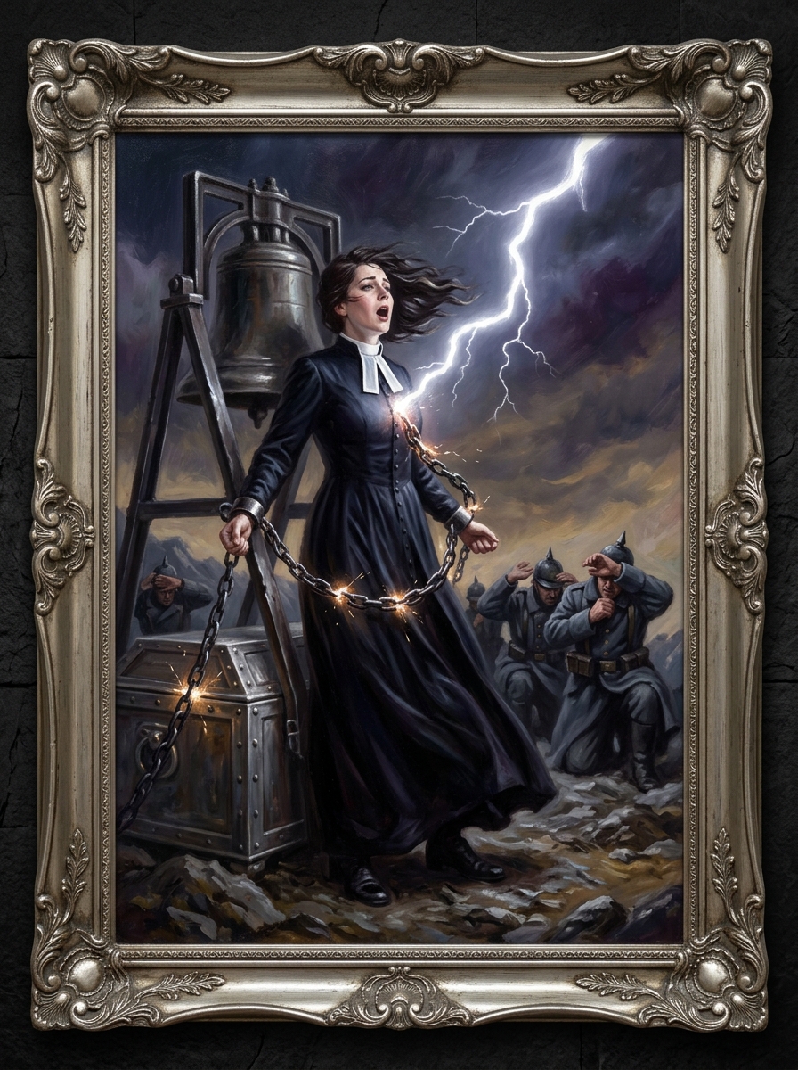 Altarpiece of a woman in soaked black Victorian cassock chaining herself to an iron bell-frame on an alpine ridge; storm-lightning forks down into her chest as she sings; conscripts in WWI greatcoats shield their eyes behind her.