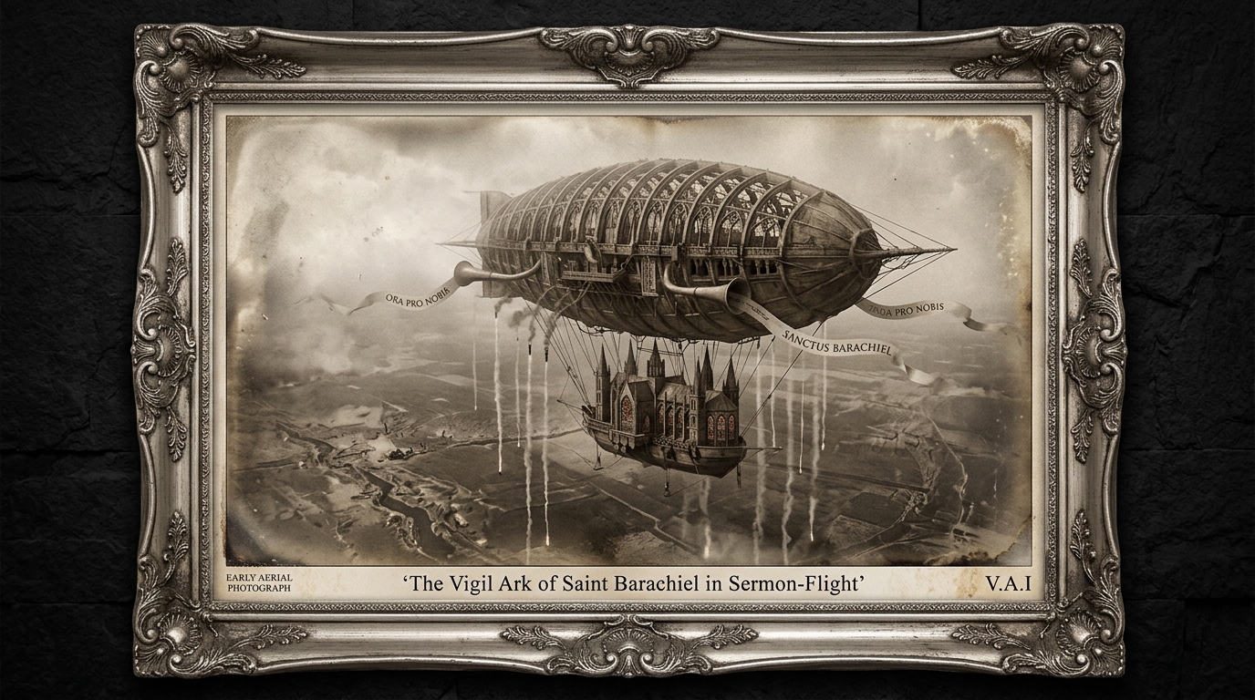 Aerial heliograph of a vast dirigible-ark — hull ribbed like a cathedral ribcage, gondola a suspended reliquary-chapel — over a trench-scarred battlefield; censers falling from its underside, sermon-horns trailing hymn-scrolls.