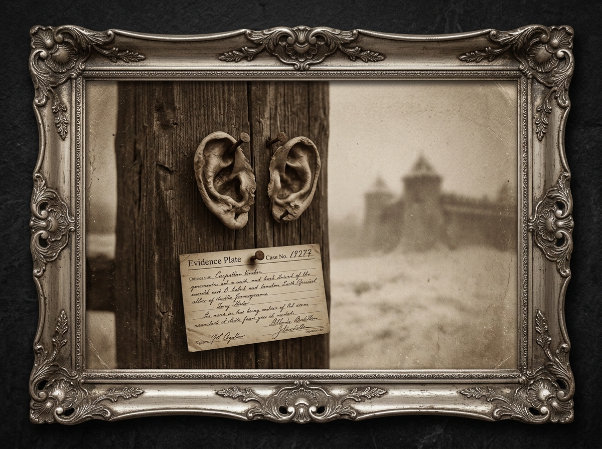 Forensic sepia photograph close-framed on a Carpathian timber gate-post: two shriveled human ears nailed flush to the timber with iron tacks; a Bureau ledger case-card bearing a case number pinned below; stained-blizzard snow in the background.