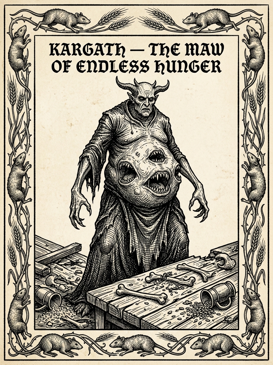 Artist's interpretation of Kargath, The Maw of Endless Hunger, rendered as a black-ink woodcut engraving. The Sin-General has never been seen clearly; this is a sanctioned approximation.