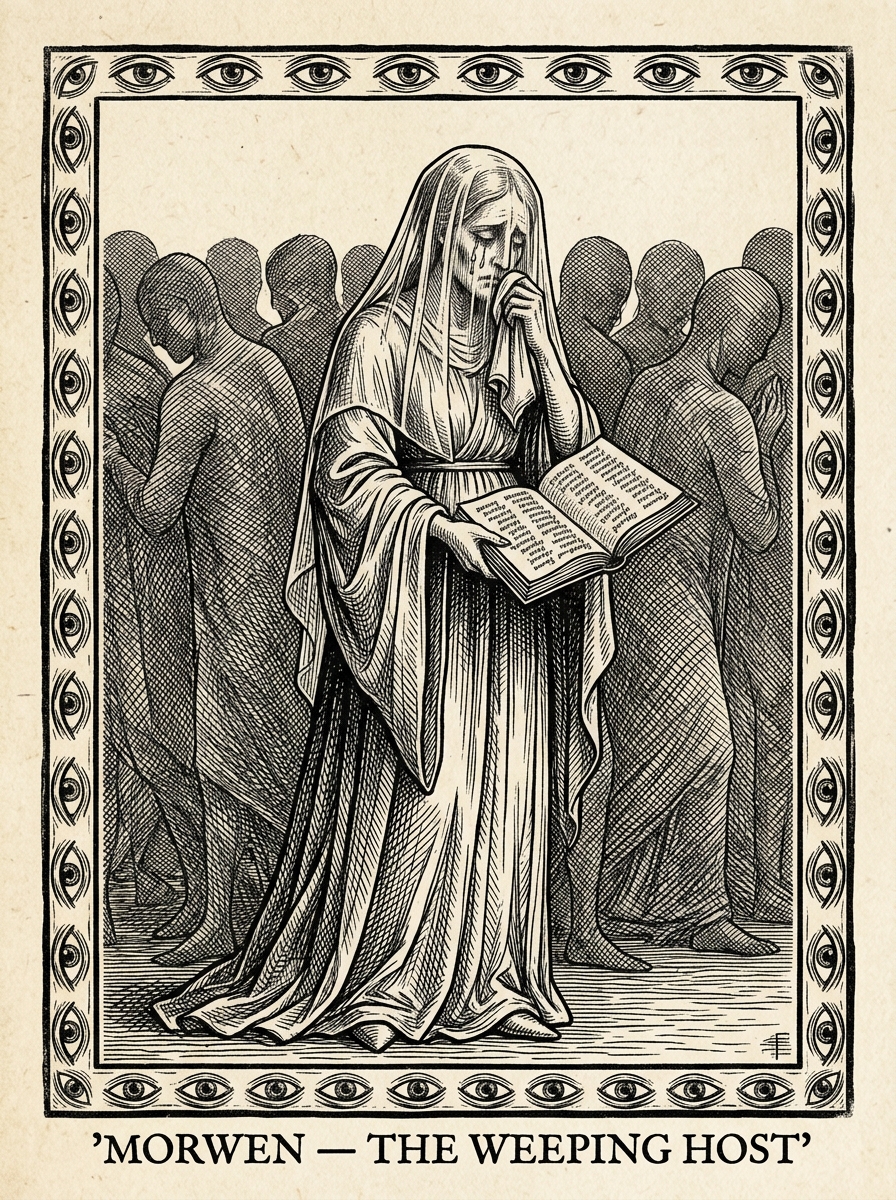 Artist's interpretation of Morwen, The Weeping Host, rendered as a black-ink woodcut engraving. The Sin-General has never been seen clearly; this is a sanctioned approximation.