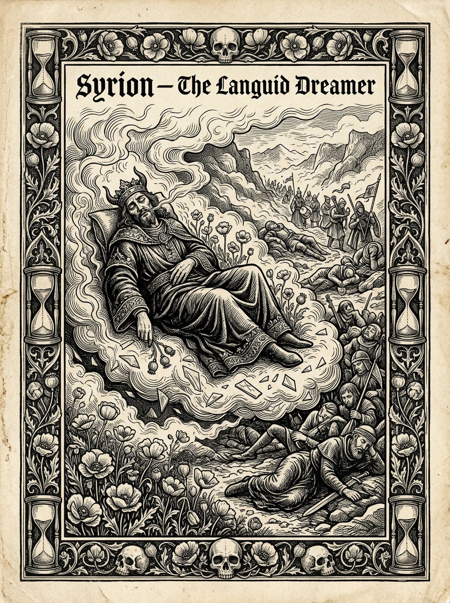 Artist's interpretation of Syrion, The Languid Dreamer, rendered as a black-ink woodcut engraving. The Sin-General has never been seen clearly; this is a sanctioned approximation.