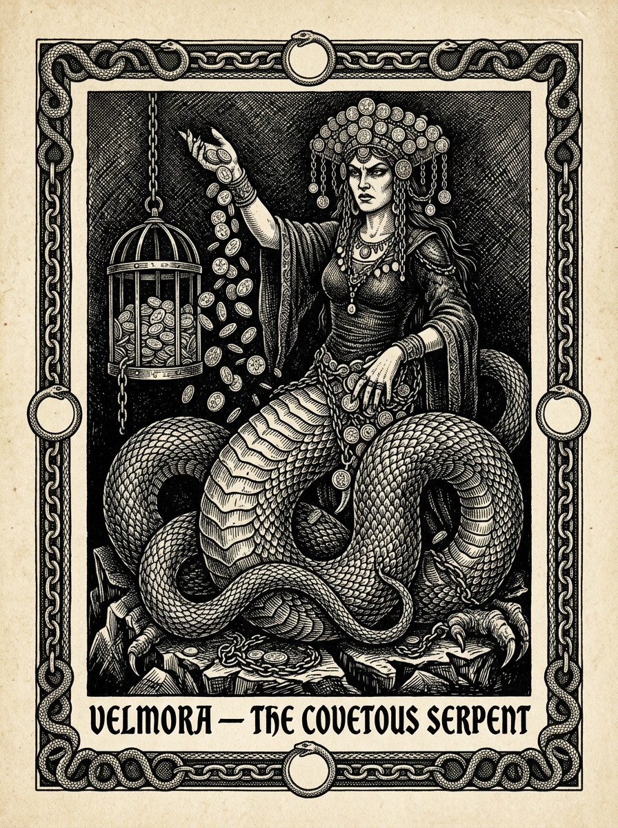 Artist's interpretation of Velmora, The Covetous Serpent, rendered as a black-ink woodcut engraving. The Sin-General has never been seen clearly; this is a sanctioned approximation.